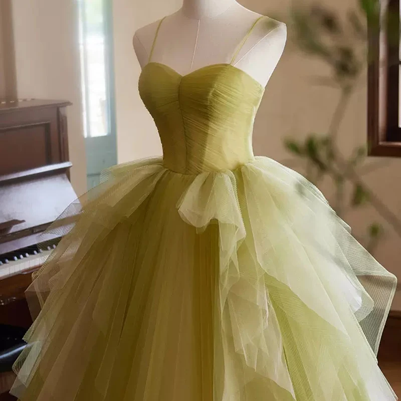 AnXin SH princesa encaje verde correa de espagueti sin mangas volantes vestido de baile con cordones fiesta larga novia vestido de noche personalizado