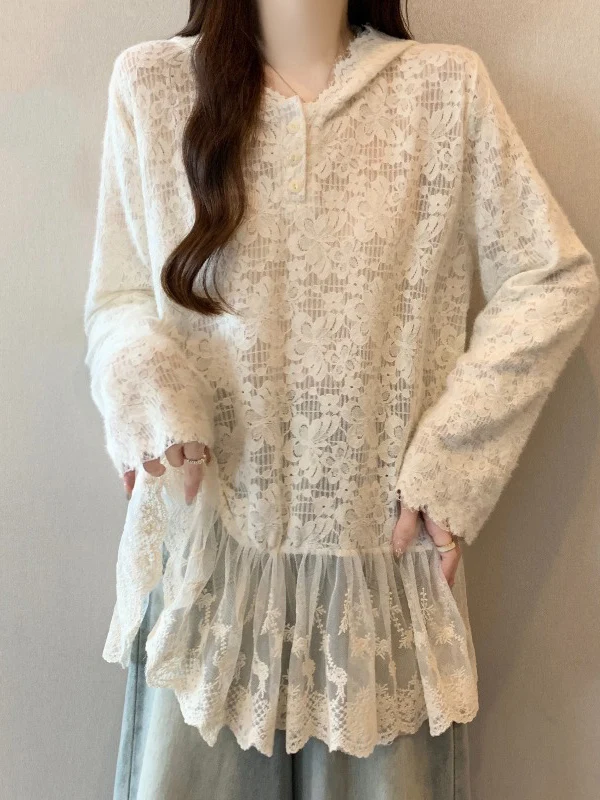 

Chic Lace T-Shirt Women's Long Sleeve Hoodie Korean Style plus Size Spring New Arrival Breathable Comfortable Casual Top