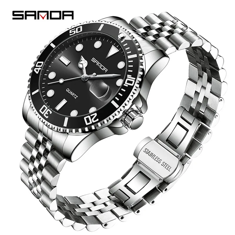 SANDA Men Quartz Watch Stainless Steel Band Business Casual Wristwatch Waterproof Luminous Date Display Classic Dive Sport Watch