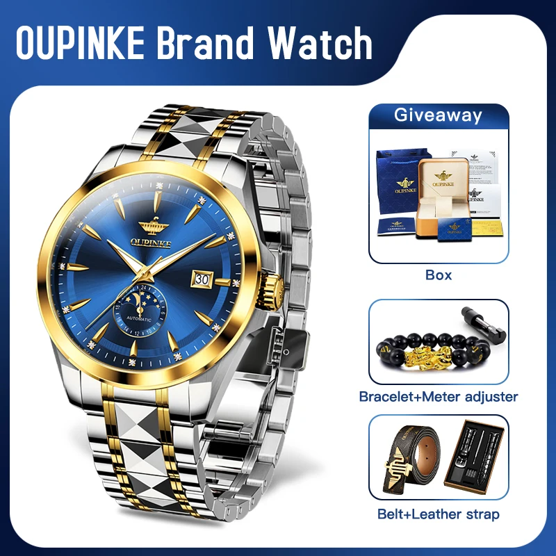 OUPINKE 3292 Mens Watch Original Luxury Sapphire Mechanical Watch 50M Waterproof Reloj Tungsten Steel Moon Phase Watches For Men