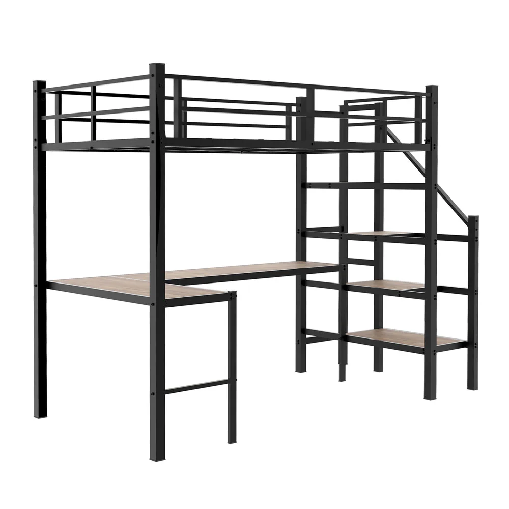90x190cm Hohes Hochbettgestell mit L-förmigem Schreibtisch, platzsparendes Einzel-Hochbett mit Treppe, durchgehenden Sicherheitsgeländern, geräumigen Ablageflächen und Staufächern, stabiles Hochbett für Schlafzimmer, Teenager- und Erwachsenen-Schlafzimmermöbel – Detail 15