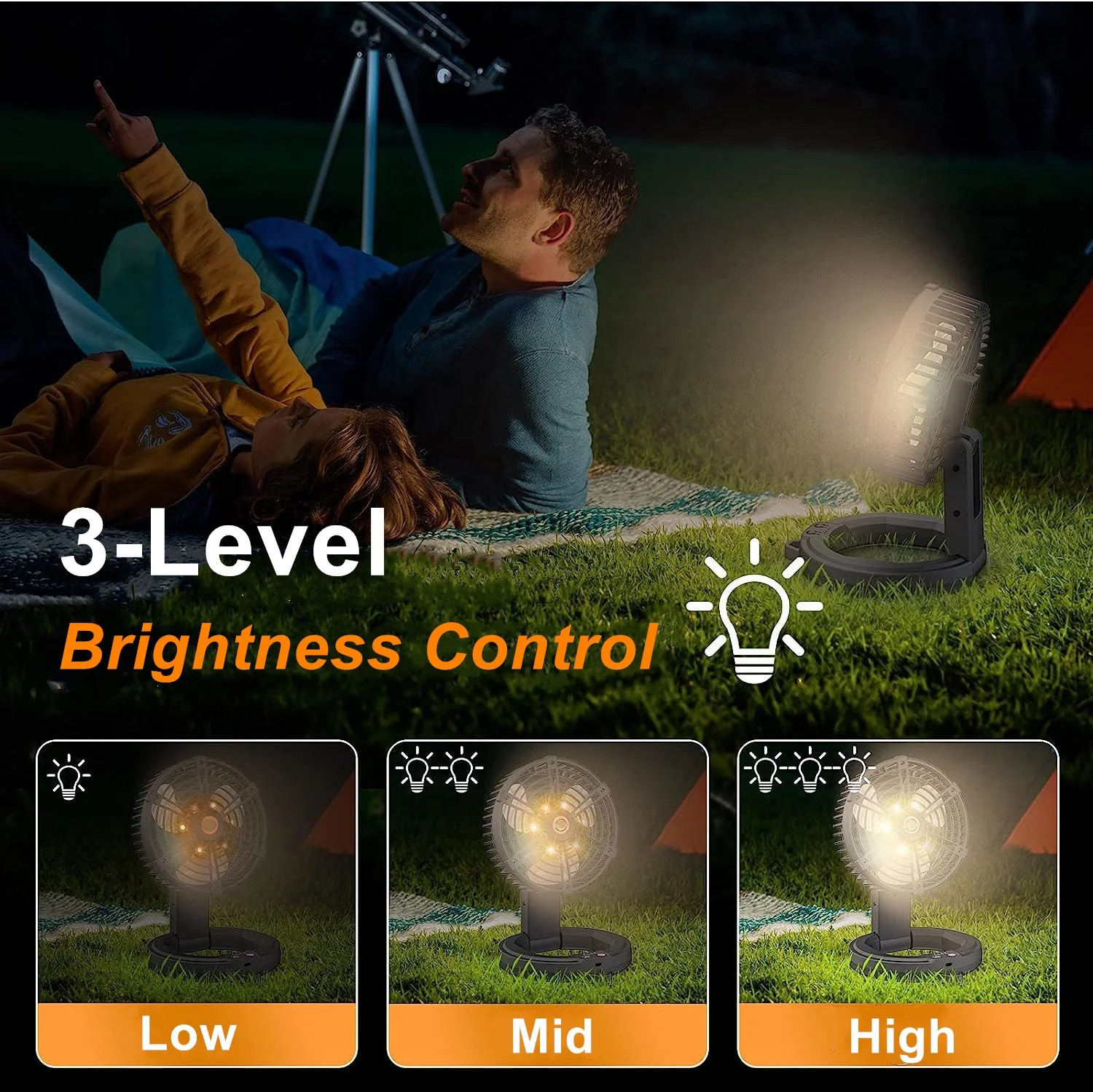 ポータブル電池式充電式扇風機 折りたたみ式キャンプファン LEDナイトライト USB小型卓上扇風機 テント旅行用