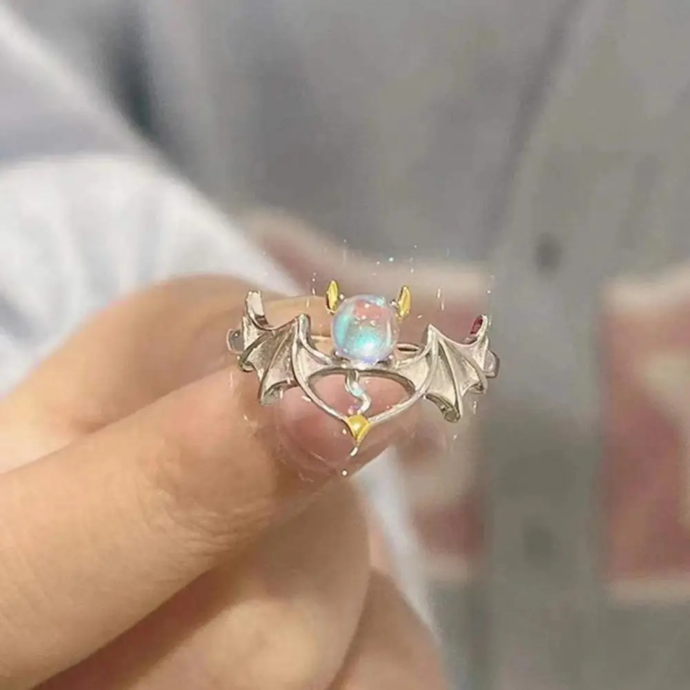 Faux Moon Stone Ring Alloy Ring Moonstone Bat Wing Adjustable Ring for Women Prom Party Jewelry Lady Finger Birthday Gift Hollow