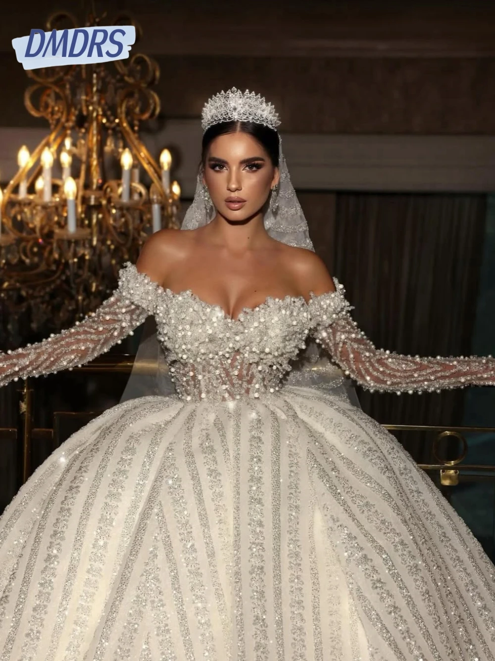 Stunning Corset Pearls Women Wedding Dress Charming Shiny Off the Shoulder Ball Gown Elegant Beaded Bridal Gown Customized