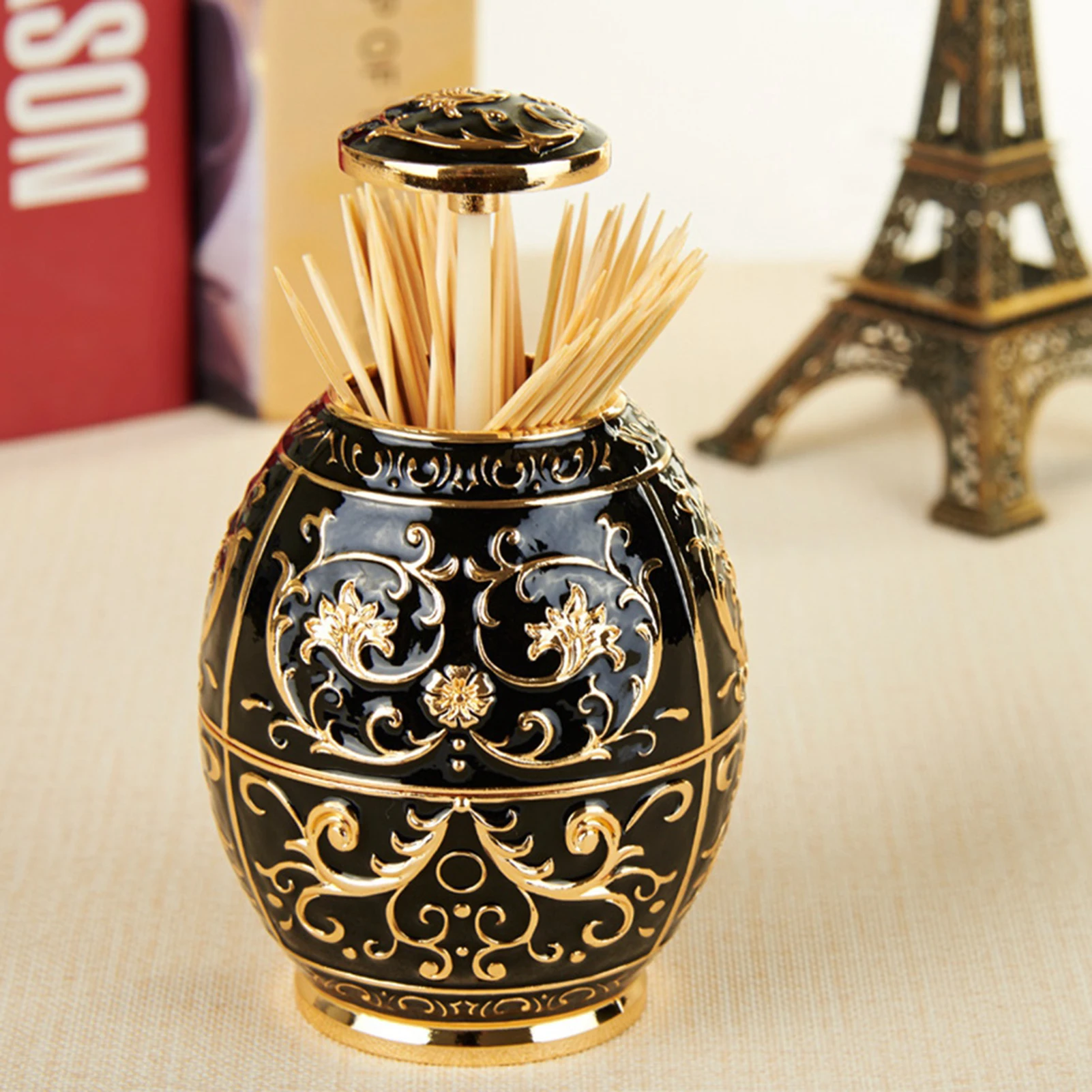 

Вращающийся пресс, держатель для зубочисток, коробка-диспенсер, органайзер, контейнер, украшение для дома, кухни, отеля (золотой, черный)