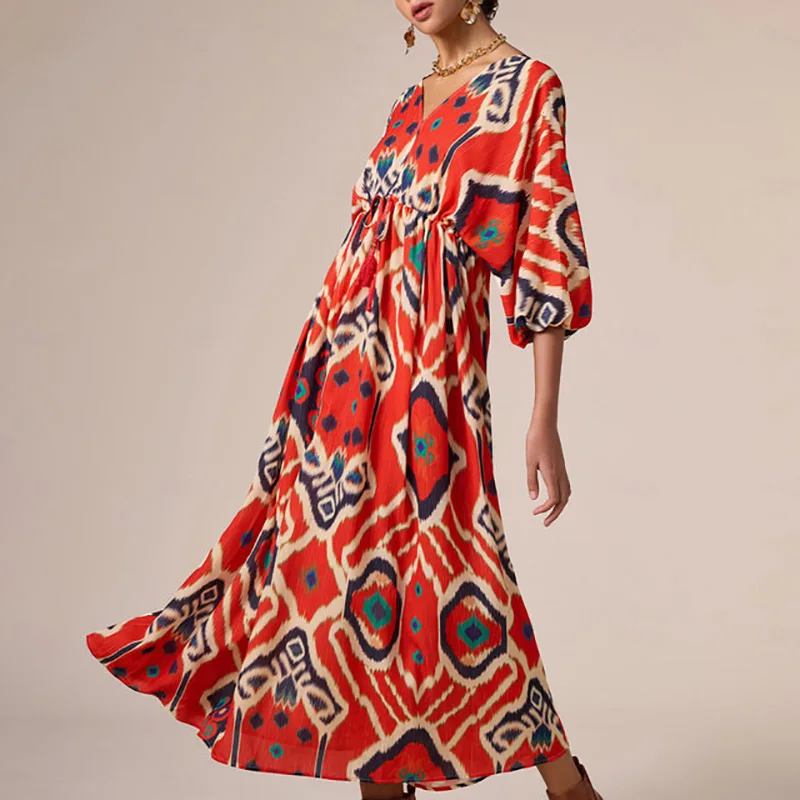 

Summer Elegant High Waist Pleat Party Dress All Match 3/4 Sleeve Graphic Long Dress Mujer Ladies Casual V-Neck Bohemian Dress