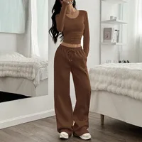 Conjunto de Dos Piezas para Mujer, Pantalones Anchos Casuales de Moda, Manga Larga, Cuello Redondo, Color Sólido, Corte Ajustado, Otoño e Invierno