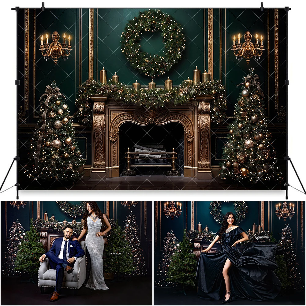 

Elegant Emerald Christmas Fireplace Photo Background Kids Adult Family Portrait Photography Backdrop Photo Studio Props