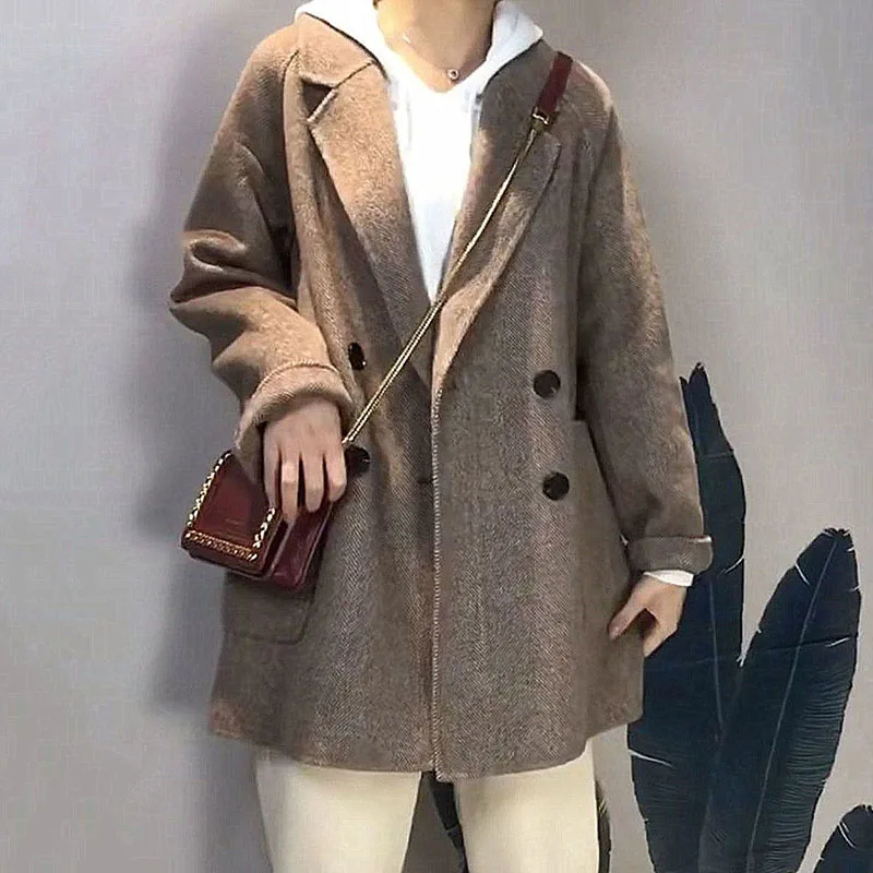 Chaqueta de lana con patrón de espiga para mujer, chaqueta de Cachemira de imitación, abrigo grueso suelto coreano, Primavera, otoño e invierno, nuevo