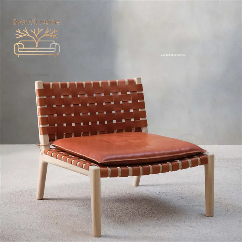 Saddle leather hand-woven single sofa chair solid wood homestay living room retro lazy recliner rattan chair