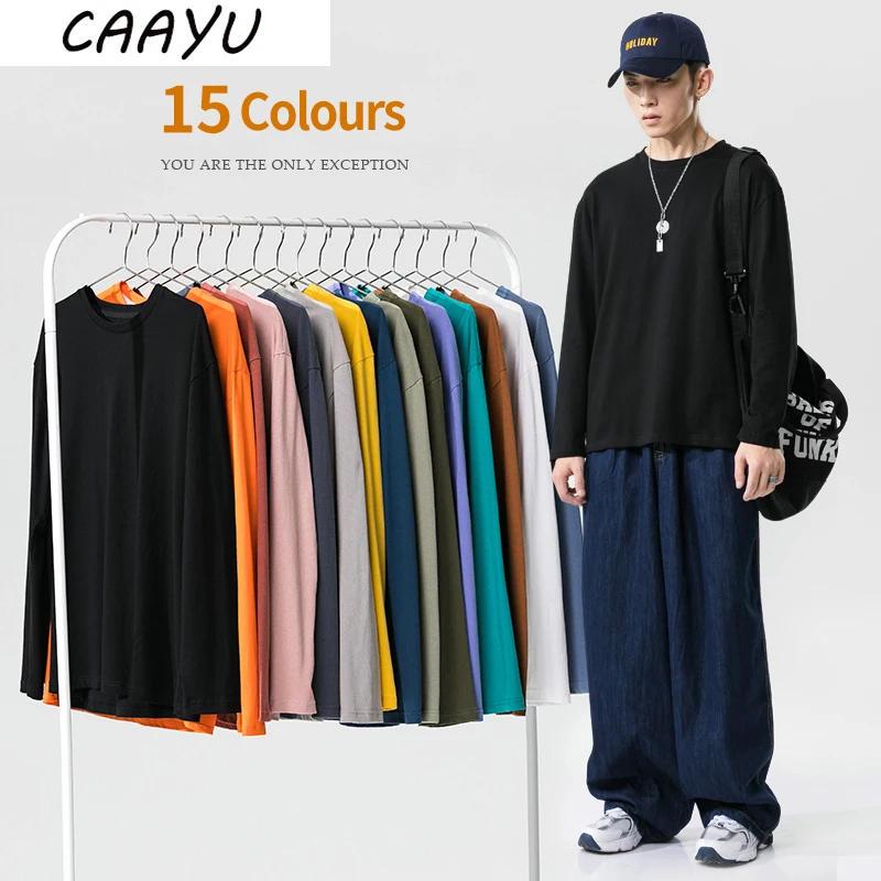 

CAAYU Man T-shirt Spring Casual Oversized Solid Leisure Simplicity T-Shirt Men Cotton Long Sleeves Harajuku Shirt Tshirt Male