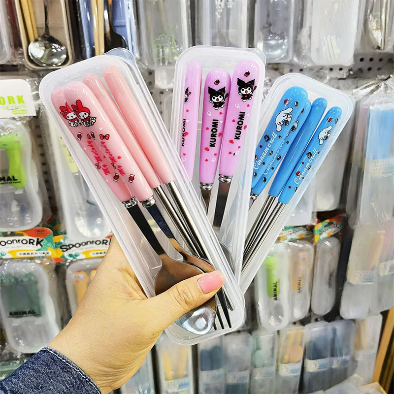 Sanrio Hello Kitty Kuromi Cinnamoroll Pachacco Travel Portable Cutlery Set Fork Spoon Student Dinnerware Sets Kitchen Tableware