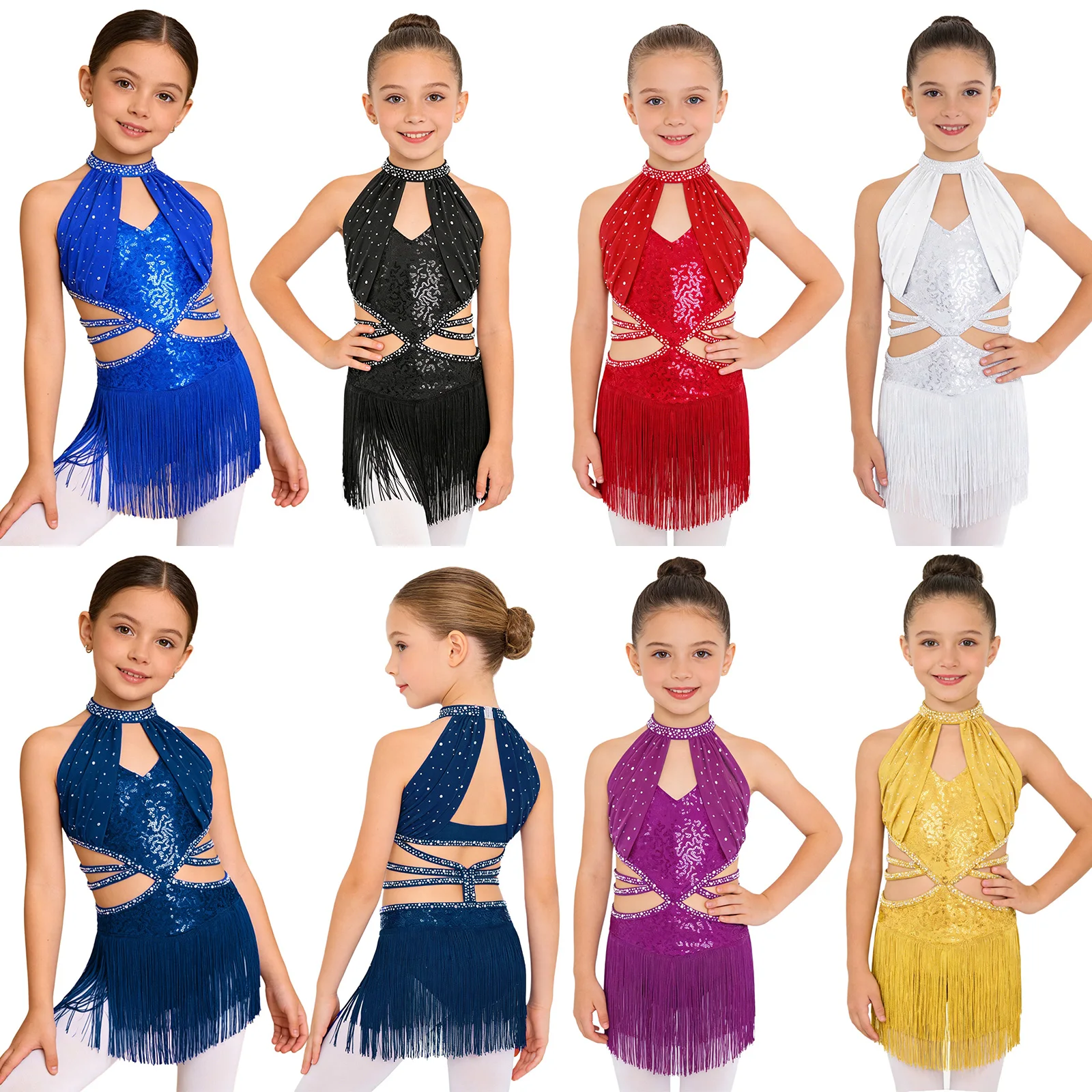 Kids Girls Glittery Sequin Latin Dance Dress Ballroom Tango Cha-cha Samba Costume Rhinestone Ruched Mesh Cutout Tassel Leotards