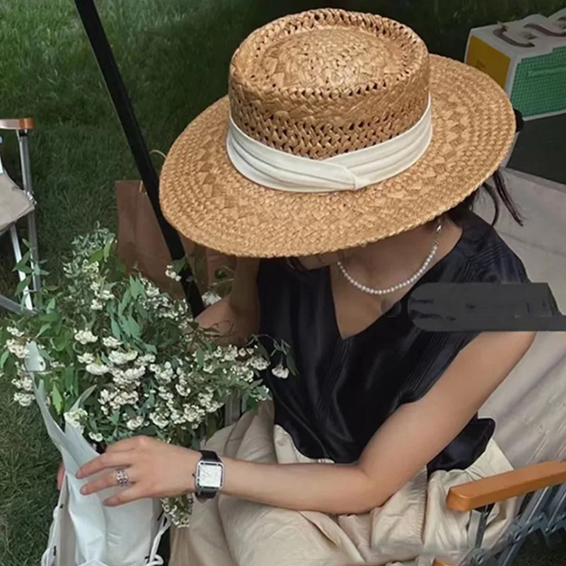 

Французская романтическая соломенная шляпа ручной работы с ажурным плоским верхом и широкими полями для рыбалки, вентиляции и защиты от солнца