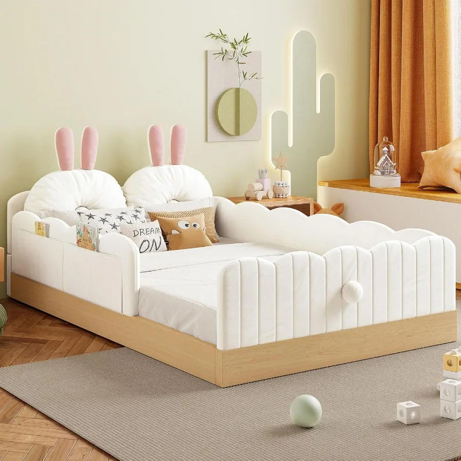 Lovely twin size upholstered platform bed frame with soft pillows and storage bags featuring a cute rabbit ear shaped headboard
