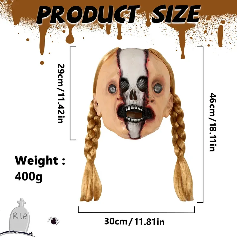 

CyHalloween Horror Girl Mask Cracked Face Skull Double Ponytail Masks Cosplay Costume Party Props For Adult
