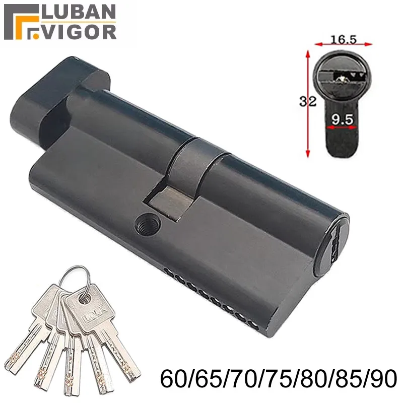 Black Brass Anti-theft Door Lock Cylinder with Knob Height 32mm Length 60-90mm with 5 Keys for Mechanical Locks