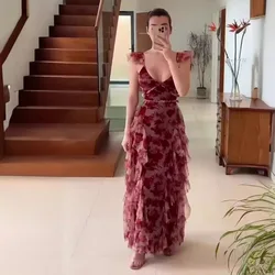 Women Dress Sexy Long Dresses V Neck Sleeveless Print Ruffles Slim Fit Party Elegant Splice A Line Vestidos High Waist 2024