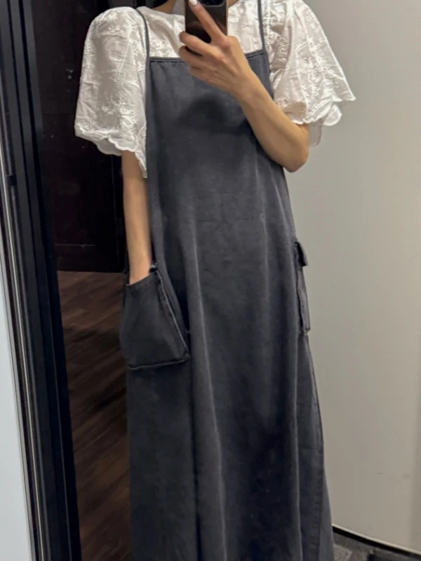 Chique oversized splice denim dr feminino verão commute sle svel redondo ne algodão longo dr na moda camadas