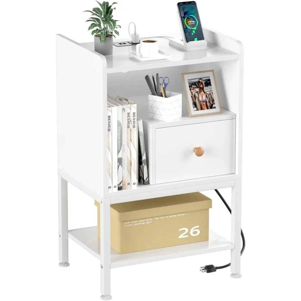 

Nightstand with Charging Station,Night Stand with USB Ports and Storage Drawer,Modern 3-Tier End Side Table,Small Wood