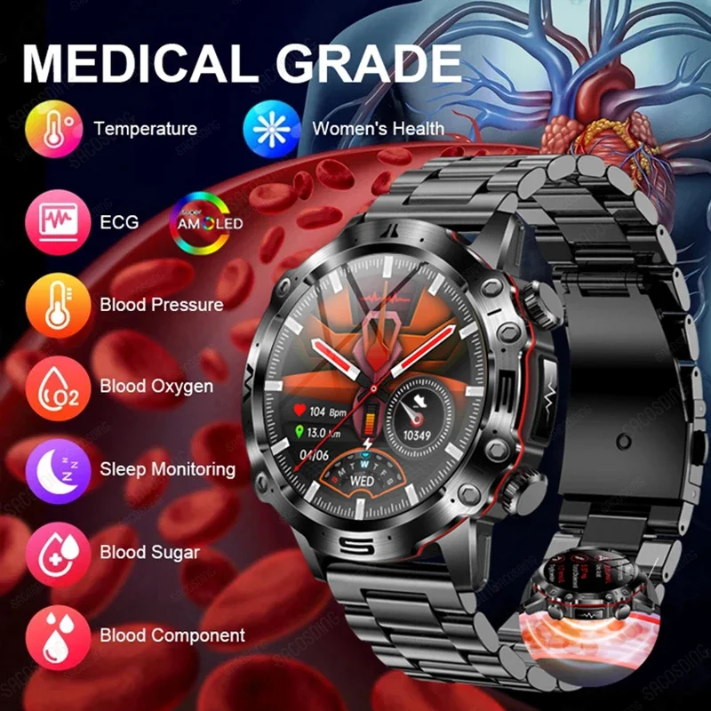 

2024New Blood Lipids Uric Acid Health Smart Watch For Men ECG+PPG Fitness Tracker Clock Bluetooth Call Sport Altitude Smartwatch