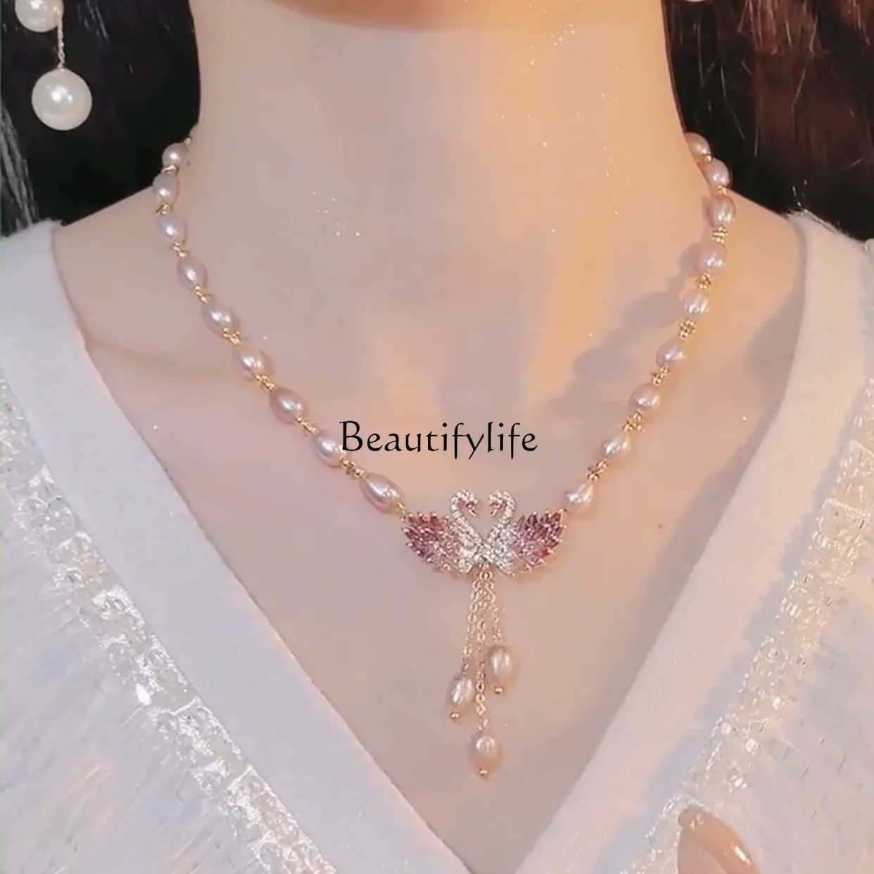 

Light luxury swan pink pearl jewelry high-end sense niche fashion cheongsam accessories