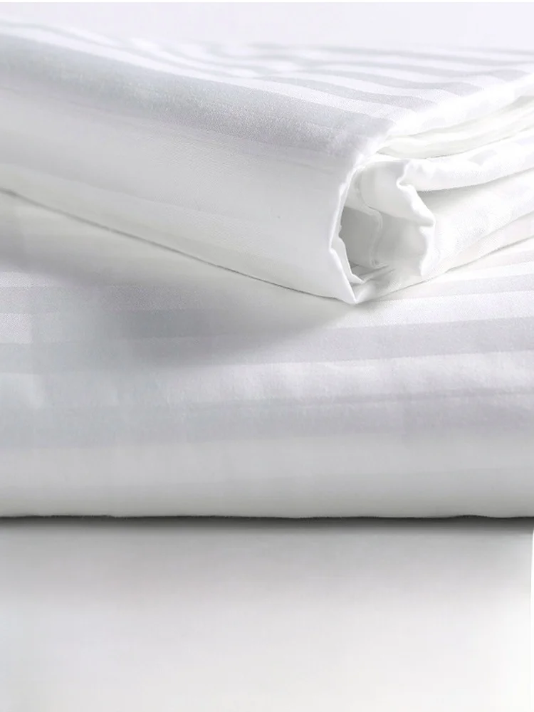 White Washed Cotton Sateen Bedding Hotel Guest House Beauty Salon Massage Shop Bed Sheets Stripe Pattern Polyester Fiber