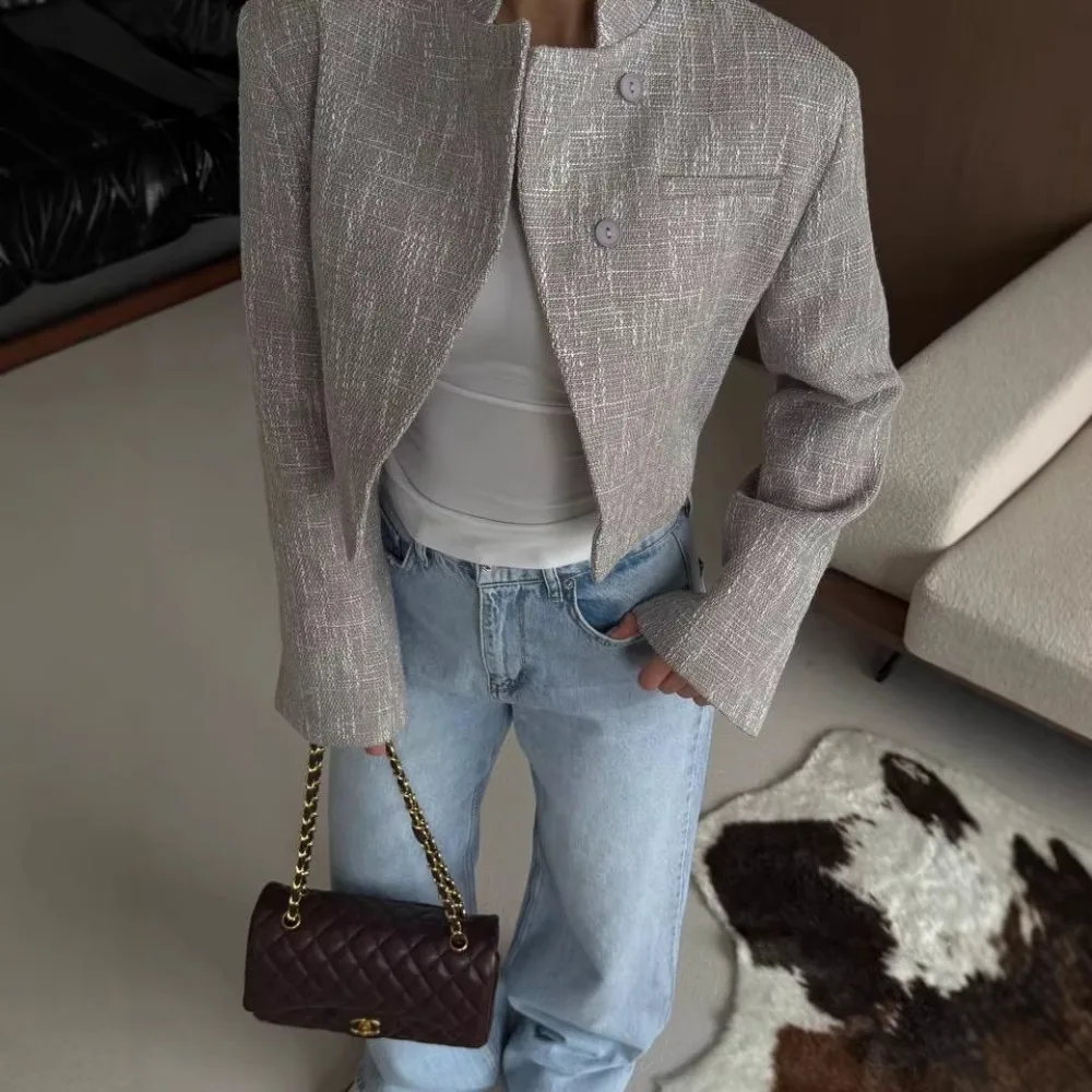

Original Shoulder Pad Cotton Short Blazers Spring and Autumn Women's Fashion Fit Shoulder Pad Daily Office Travel Casual Jacket