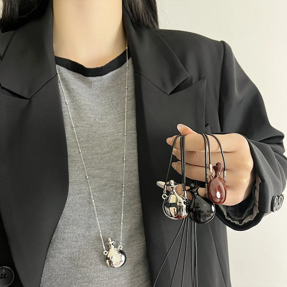 Vintage Metal Water Bottle Pendant Necklace for Women Girls Adjustable Wax Rope Sweater Chain Fashion Jewelry Accessories