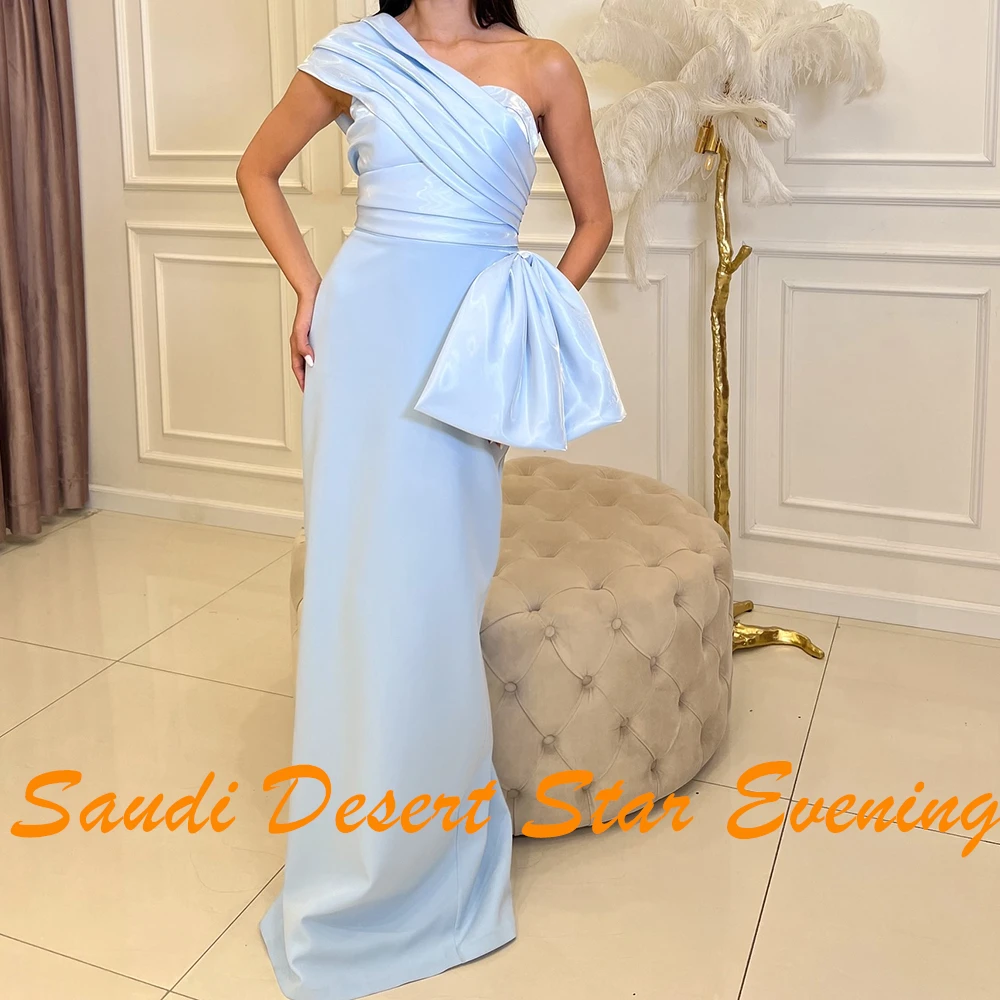 Straight Sweetheart One Shoulder Satin Sleeveless Light Blue Classic and Graceful Evening Dresses Bow Pleats Saudi Arabia 2024