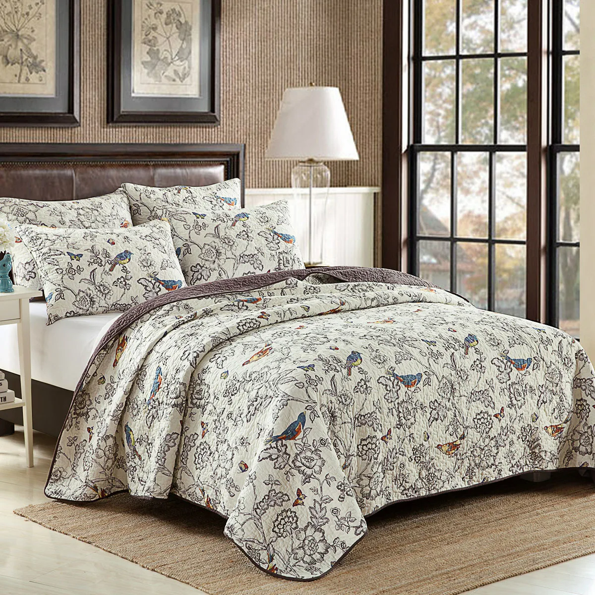 Pastoral Printed Cotton Quilt Set 3PCS King/Queen Size Bedspread Quilted Coverlet Blanket with Pillowcase for Bed Comforter