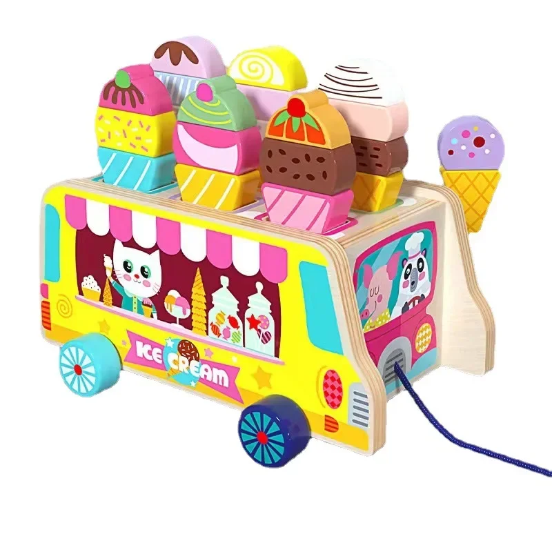Novo carrinho de sorvete de madeira brinquedo crianças fingir jogar classificação de alimentos empilhamento brinquedos montessori brinquedo de motor fino para menino menina presentes de aniversário