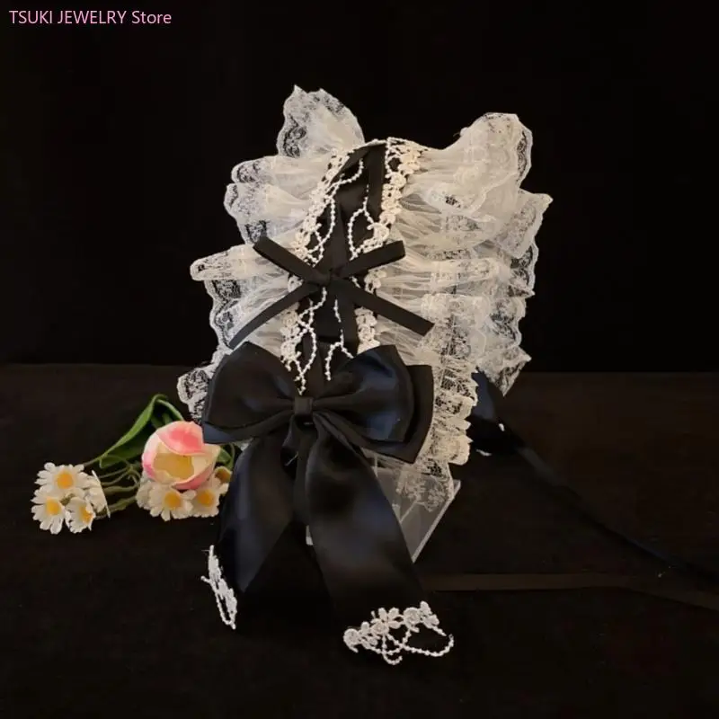 62KE Stijlvolle Lolita-hoofdband Gegolfd kant en strik Hoofddeksels Verstelbare haarbandaccessoire voor en feestkleding