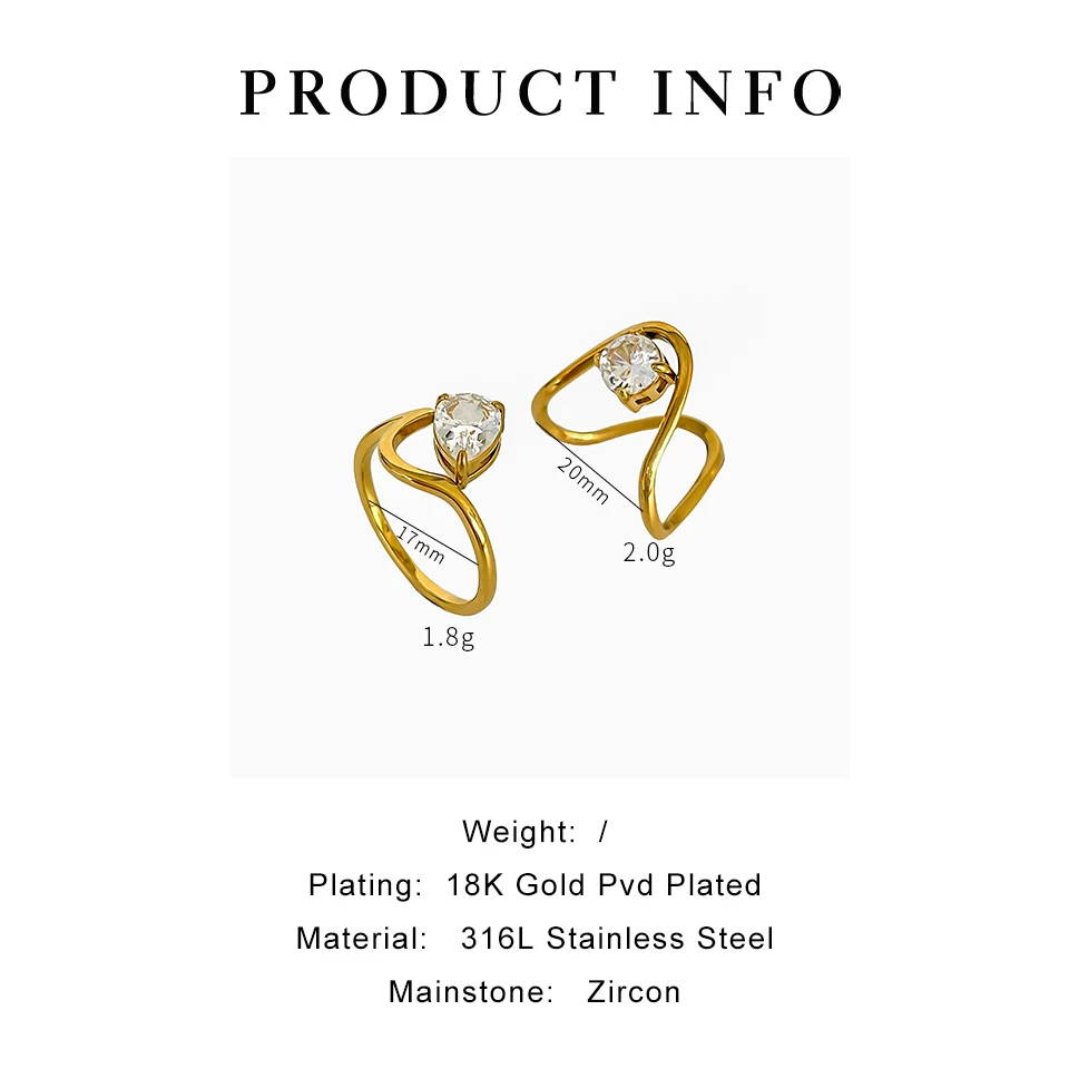 GHIDBK 2 Unique Designs Water Drop Circular Zircon Rings Stainless Steel Gold Plated Finger Jewelry Trendy Women Accessories