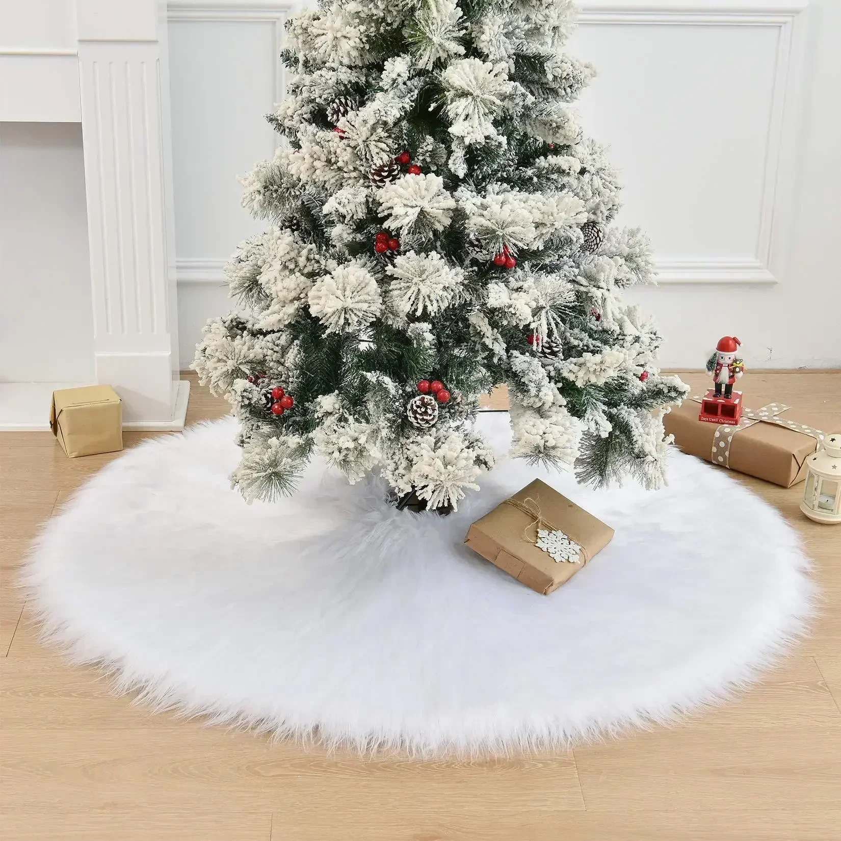 68cm Snowy White Christmas Tree Skirt Plush Faux Fur Xmas Trees Carpet Mat Ornaments For 2024 New Year Home Party Decoration