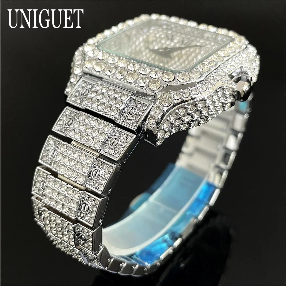 2024 UNIGUET Iced Watch For Men Lxuxry Stainless Steel Quartz Watches Fashion Hip Hop Diamond Square Wristwatch Man Dropshipping