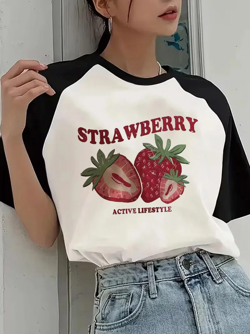 90er Jahre Lässiges Gothic Rundhals Kurzarm T-Shirt für Damen Koreanischer Stil Oberteile Damen Erdbeer-Print Grafik T-Shirt Kleidung