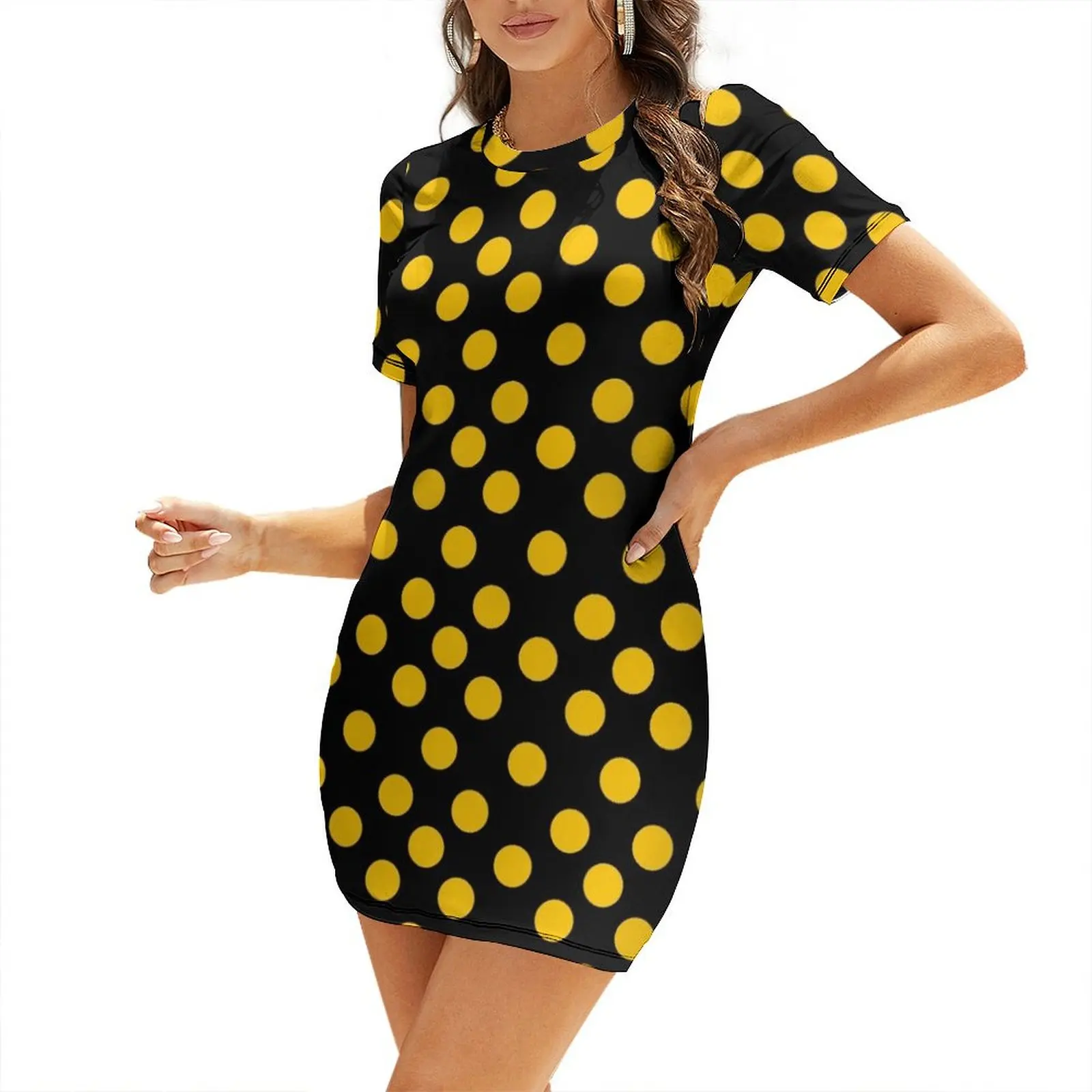 

Black and Yellow Polka Dots Short Sleeved Dress Female dress women's summer dress 2024 Women's summer