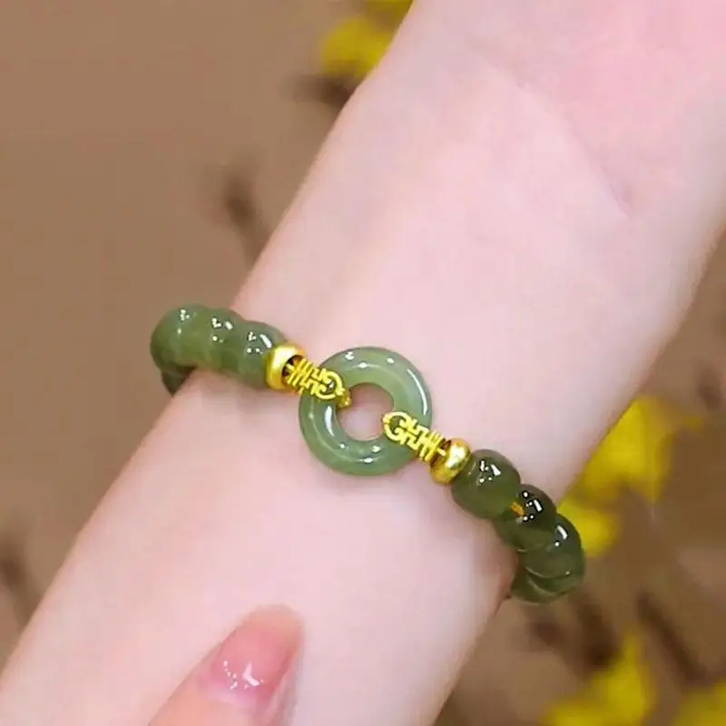 Green Jade Beaded Bracelet Gold Plated: Lucky Charms Peace Buckle Pendant Daily Wear Women