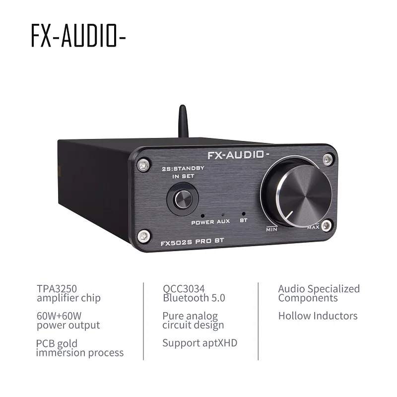 2024 FX-Audio Nuovo FX502S PRO BT HiFi 2.0 Amplificatore audio completamente digitale che adotta TPA3250 + NE5532 Adattatore ad alta potenza 80W * 2 DC24V/4A