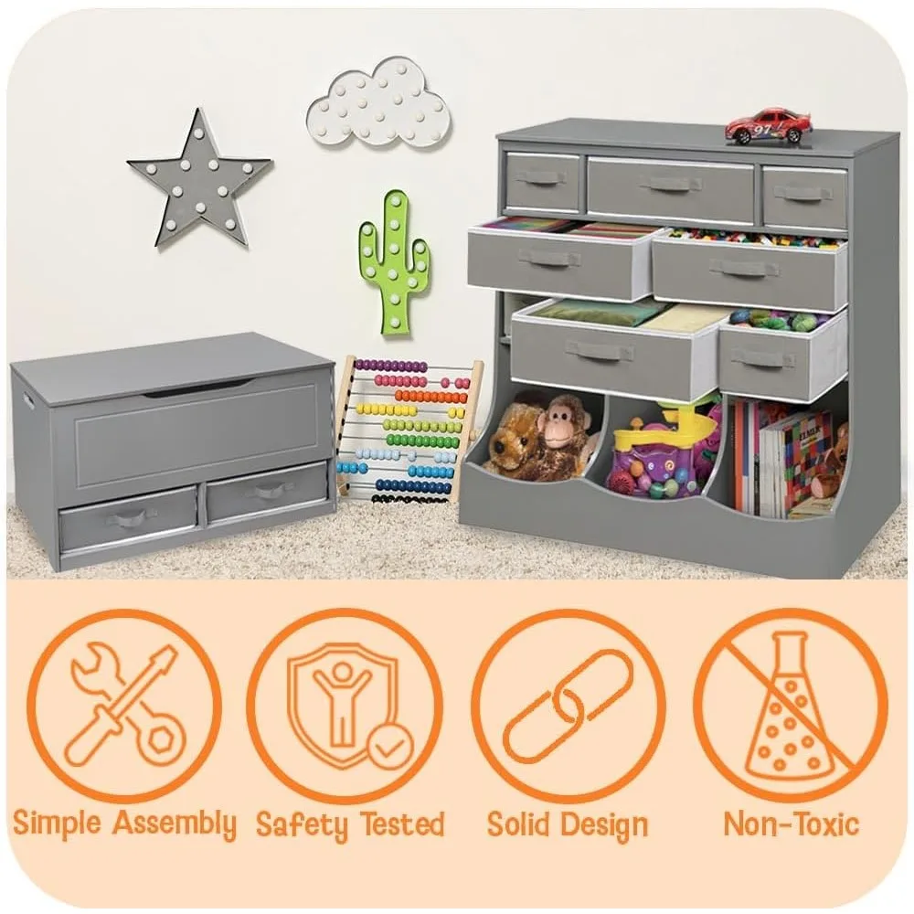 Kids Toy Storage Organizer with 3 Removable Baskets and Open Shelves - Woodgrain Gray Unit for Bedroom Playroom