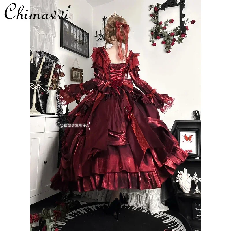 Klassieke Lolita-jurk Damesmeisjes Vintage off-shoulder parelketting Bloemdecoratie Gradiëntkleur Zoete prinses lange jurk