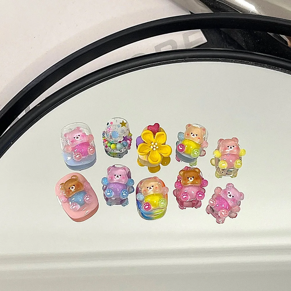 Oso de piezas para manicura, Charms de dopamina con diamantes de imitación, decoración de uñas de oso colorido, Panda 3D, 10 Uds.
