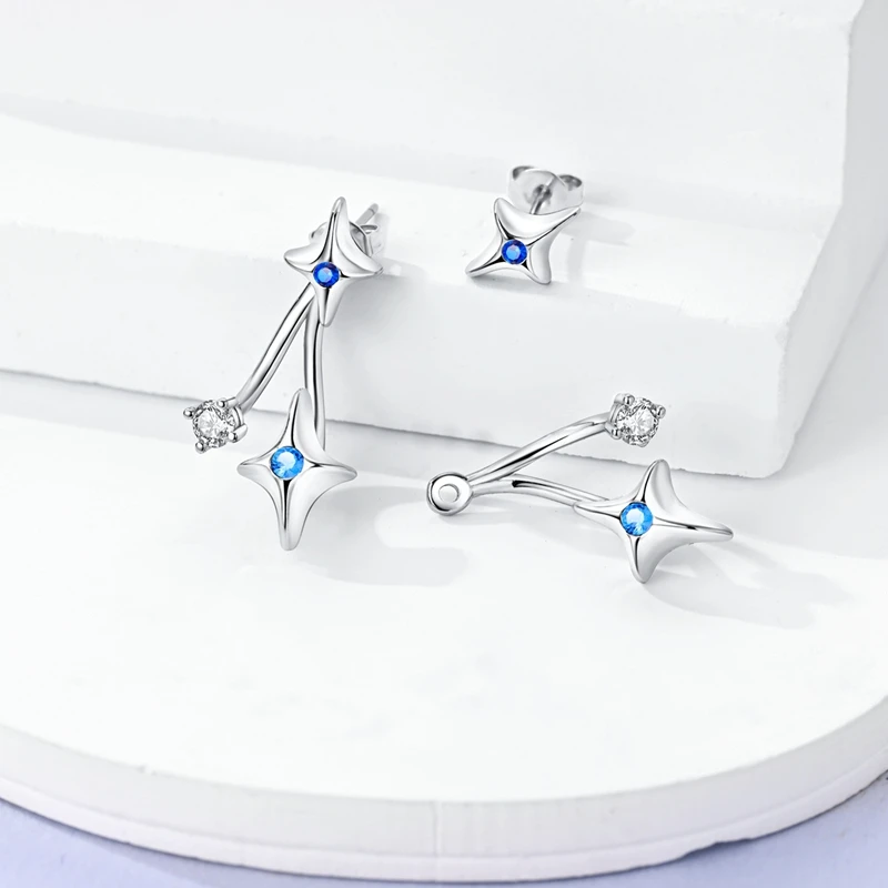 Elegant 925 Sterling Silver Blue Front And Back Meteor White Pavé Earrings For Women's Banquet Jewelry Accessories