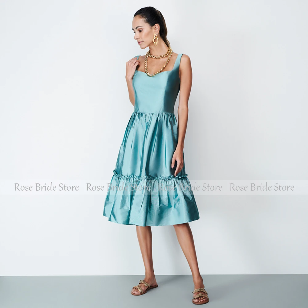 Light Sky Blue Satin Party Dresses for Women Square Collar A Line Wedding Guest Gowns Short Tea Length Sleevesless Cocktail Gown