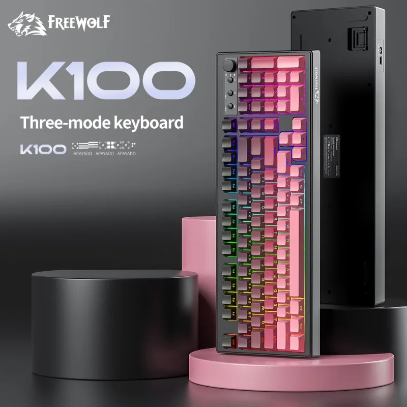 

FreeWolf K100 Silent Gaming Keyboard Three Mode Gradient Side Print RGB for PC Laptop Win/Mac