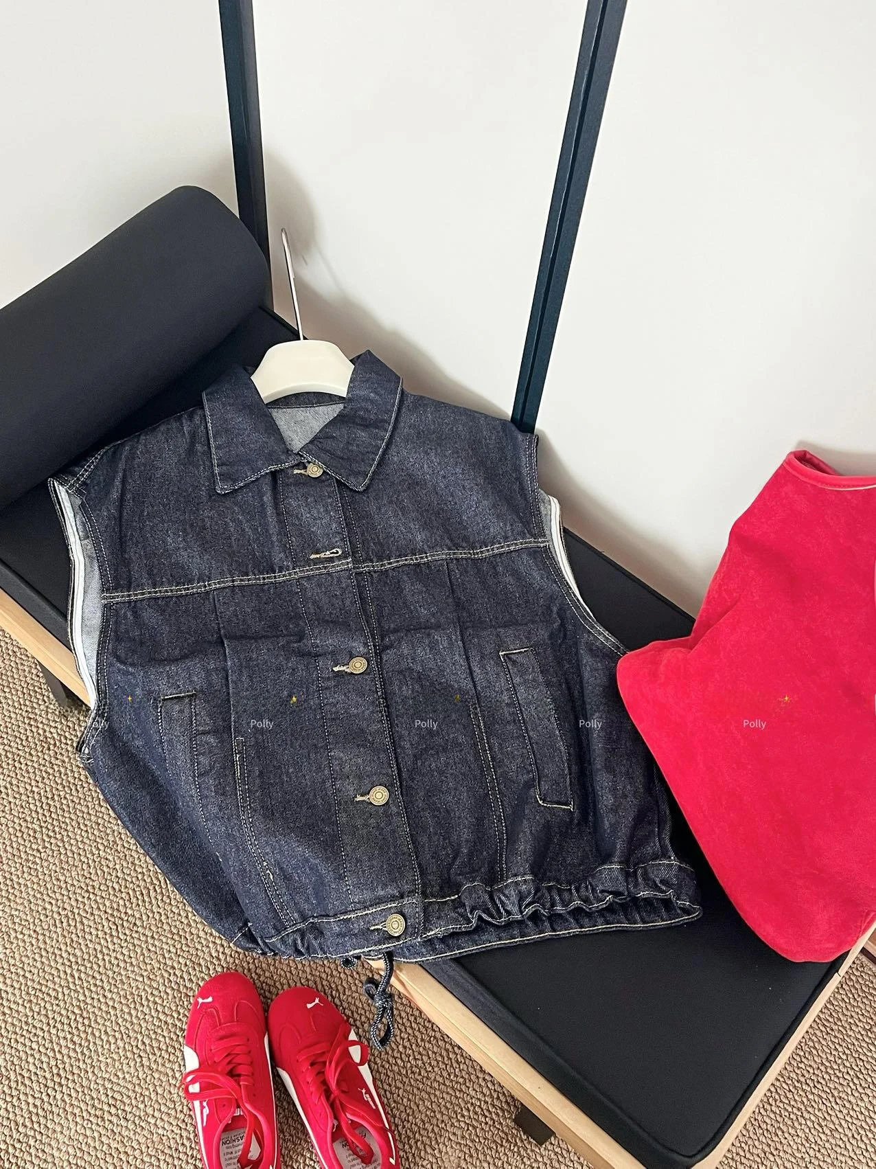 Premium Denim Vest Jacket Women's Small Size Spring Autumn American Retro Drawstring Workwear Jacket Trendy Top