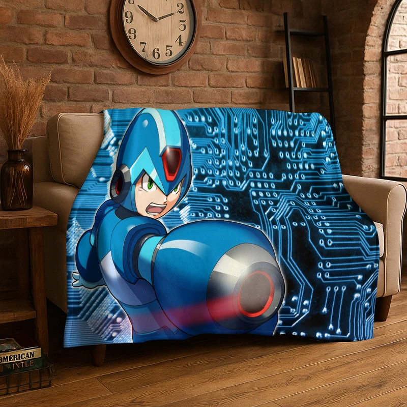 Retro Rockman Mega Man Game Cartoon Flannel Blanket Soft Warm Throw Blanket for Bedroom Living Room Bed Travel Camping Picnic