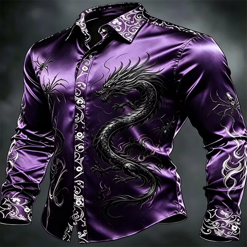Men Satin Long Sleeve Dress Shirt Black Dragon Spider Print Button‑Down Turn‑Down Collar Male Party Banquet Formal Casual Tops