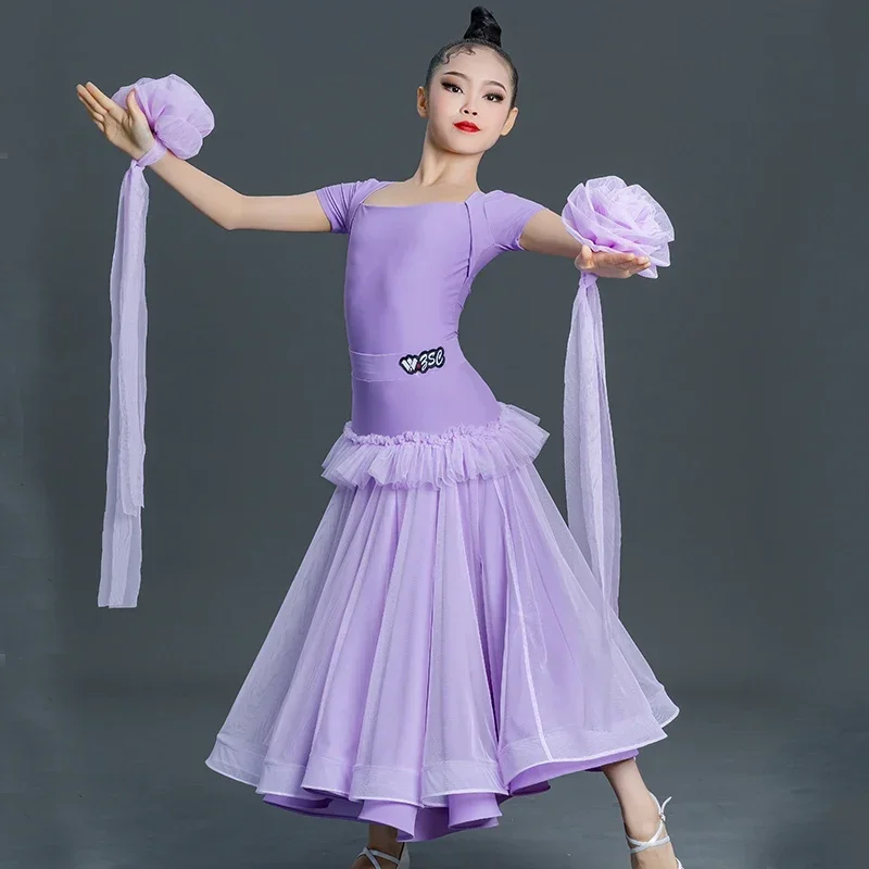 New Modern Dancing Clothing Girls Purple Ballroom Dance Competition Costumes Kids Short Sleeved Latin Dance Dress SL8659